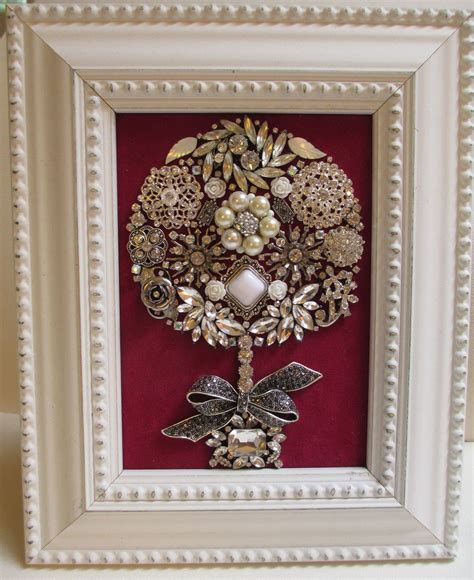 Jeweled Framed Jewelry Art Floral Topiary Vintage Silver Tone