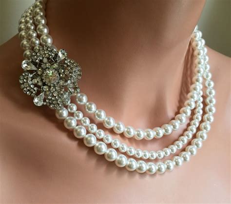Bridal Pearl Brooch Necklace Set 3 Multi Strands Of Swarovski Pearls