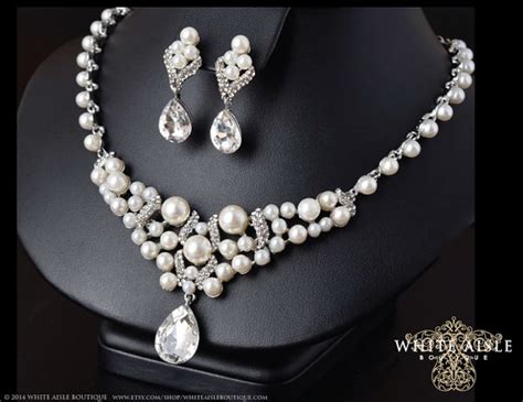 Pearl Bridal Statement Necklace Wedding Jewelry Set Back Drop