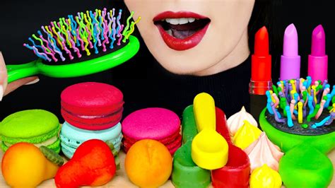 Asmr Edible Hair Brush Fruits Spoon Edible Lipstick Rainbow Macaron Eating Show No Talking