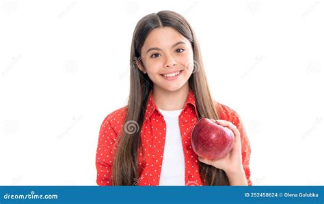 Child Girl With Apple Smiling Teenage Child Girl Stock Photo Image