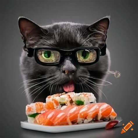 Humorous Image Of A Cat Wearing Glasses Eating Sushi On Craiyon