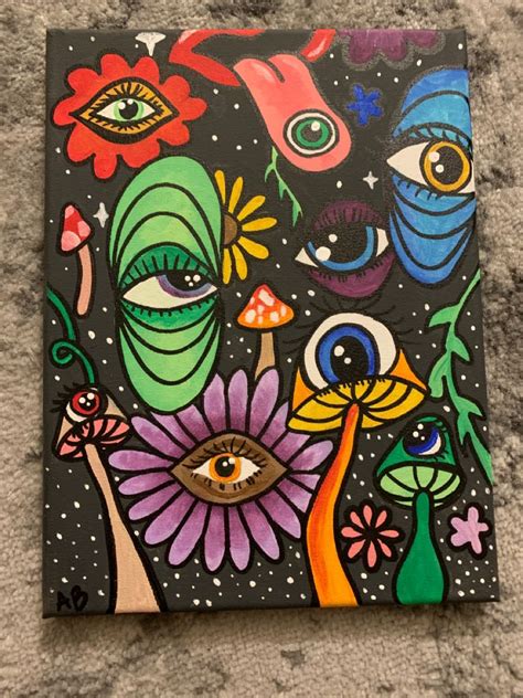 Indie Artwork By Me Trippy Eyes Mushrooms And Flowers Mini Canvas