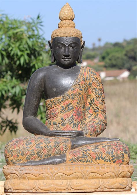 Sold Stone Meditating Buddha With Flower Robes 32 116ls627 Hindu