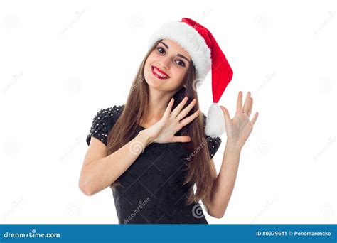 cheerful brunette girl in santa hat stock image image of beautiful christmas 80379641