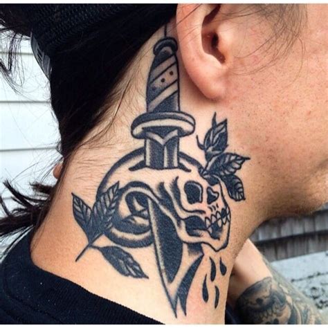 Black Ink Dagger With Skull Tattoo On Neck Tattoos Book 65000