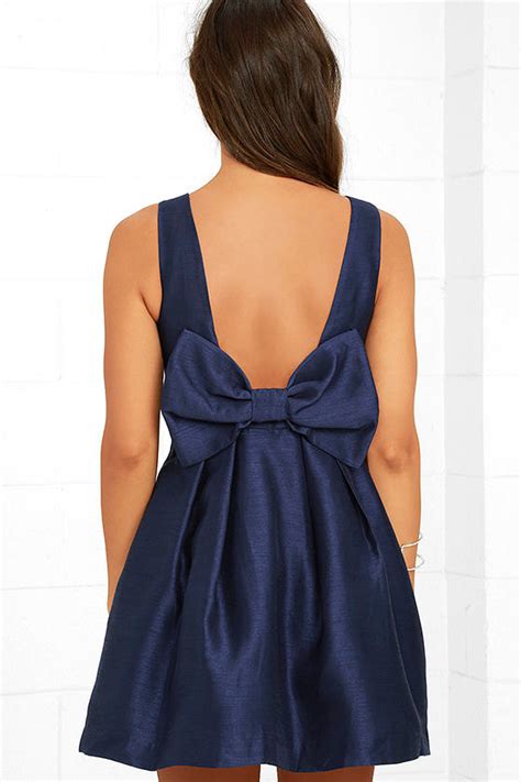 Lovely Navy Blue Dress Backless Dress Bow Dress 6200