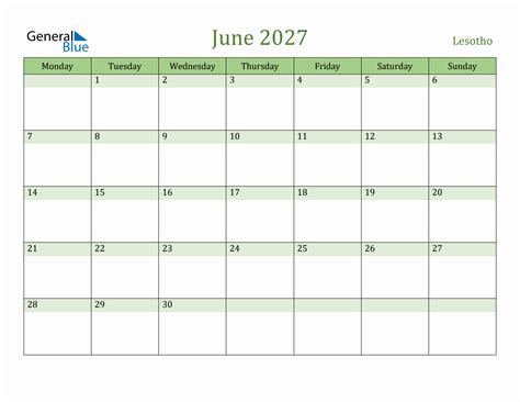 Fillable Holiday Calendar For Lesotho June 2027