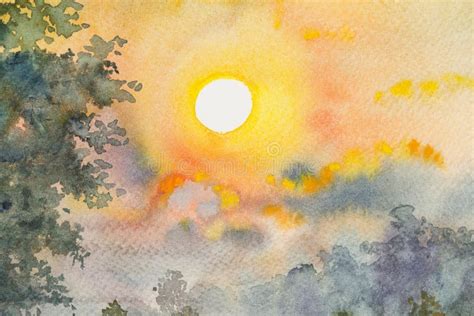 Watercolor Original Landscape Painting Yellow Red Color Of Beautiful