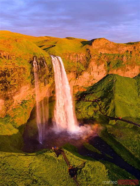 Aerial View Of Seljalandsfoss Waterfall At Sunset Iceland Royalty