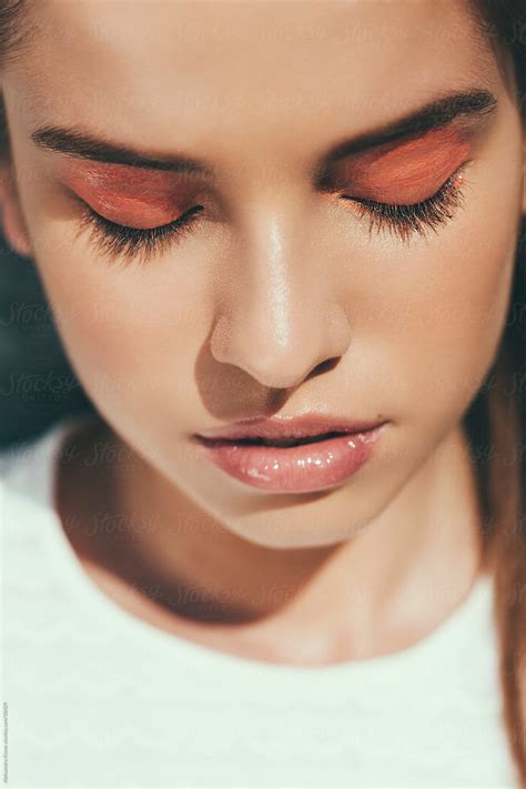 Sunlit Beauty Woman With Closed Eyes And Pink Eyeshadow By Alexandra Bergam