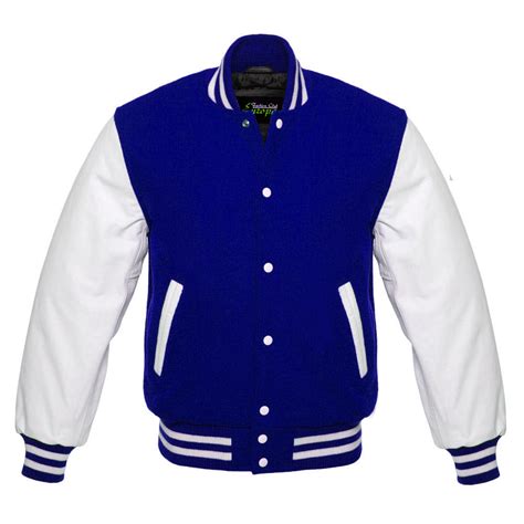 New Royal Blue Varsity Letterman Wool Jacket With White Leather Sleeves