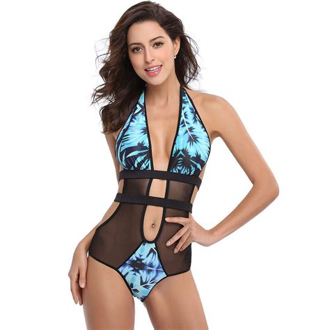 2017 2017 Sheer Mesh Splicing Sexy Floral Print One Piece Swimsuit Swim