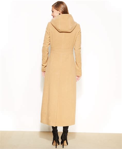 Anne Klein Double Breasted Wool Blend Hooded Maxi Coat In Camel