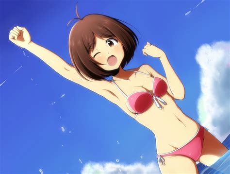 Bikini Blush Breasts Brown Eyes Brown Hair Cleavage Clouds Idolmaster Rariemonn Short Hair Sky