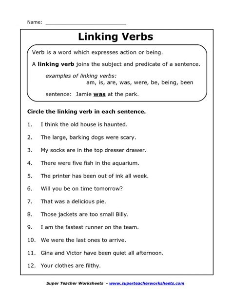 Worksheets On Linking Verbs For Grade 7