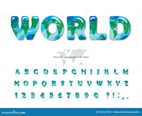 Planet Earth Modern Font World Map Abc Letters And Numbers Isolated On