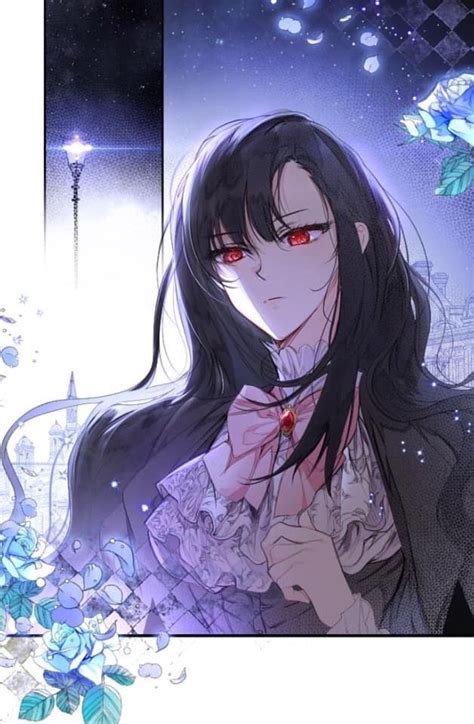 an anime character with long black hair and red eyes