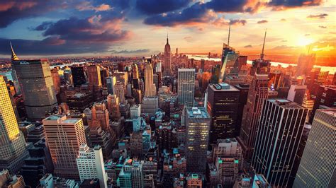 壁纸 纽约，曼哈顿，城市，摩天大楼，日落，美国 3840x2160 Uhd 4k 高清壁纸 图片 照片