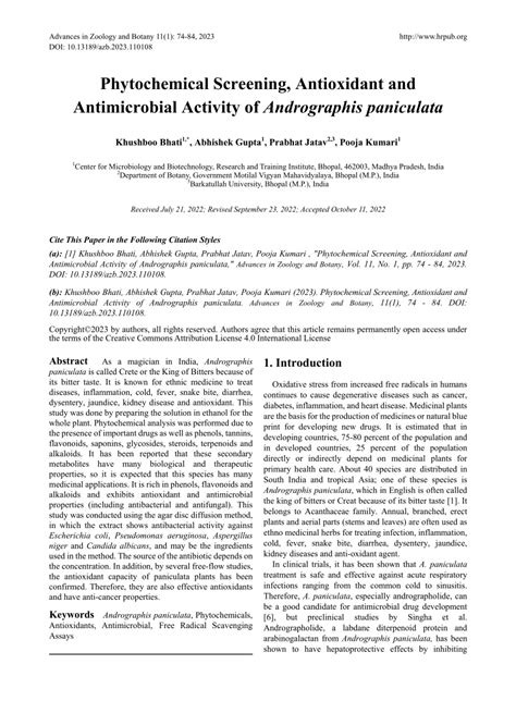 pdf phytochemical screening antioxidant and antimicrobial activity of andrographis paniculata
