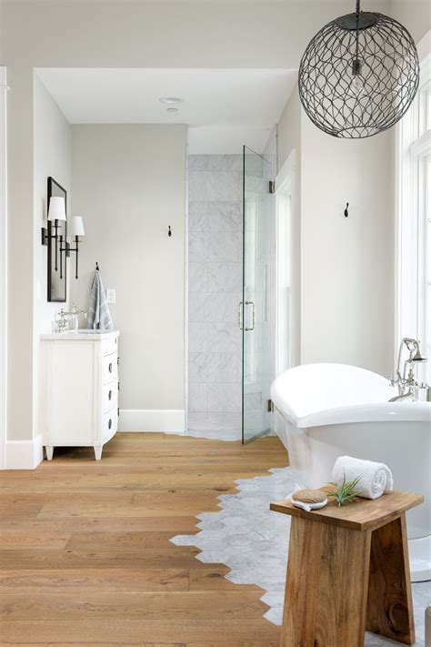 White Farmhouse Bathroom Vanity With Bathroom Wood Flooring And