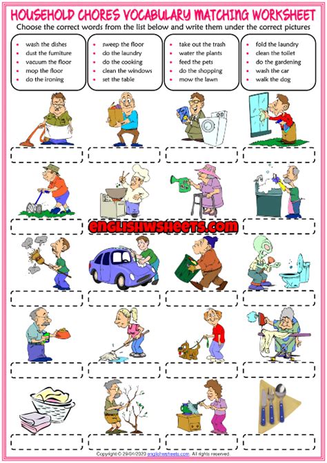 Household Chores Esl Matching Exercise Worksheet For Kids