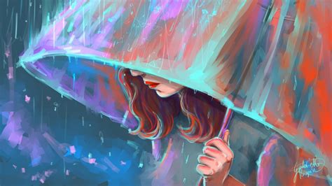 Digital Art Painting Women Face Artwork Long Hair Umbrella Rain