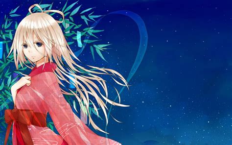 Blonde Haired Pink And Red Dressed Girl Anime Illustration With Blue