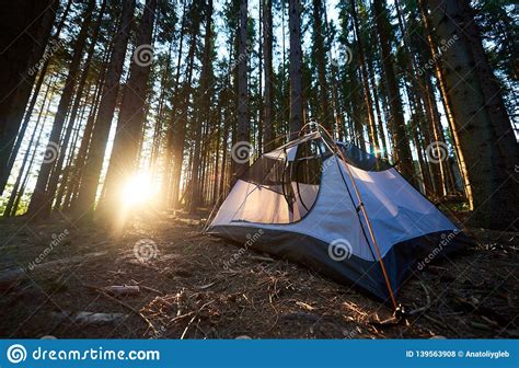 Tourist Tent At Campsite In The Evening Summer Camping Stock Photo