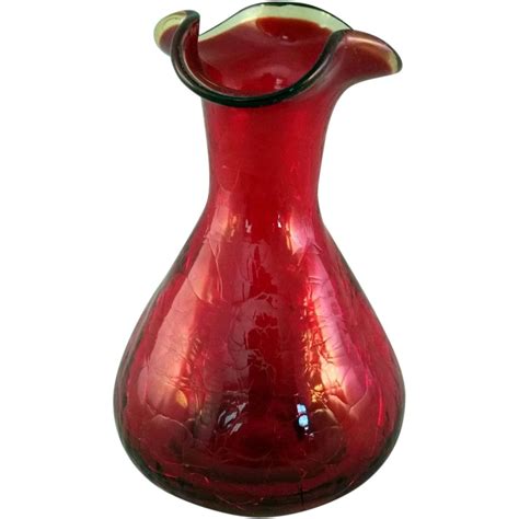 Ruby Red Amberina Crackle Glass Vase Blown 1960’s Crackle Glass Antique Glass Bottles Glass Vase