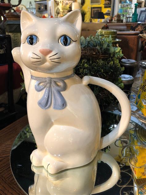 Vintage Ceramic White Cat Pitcher Etsy