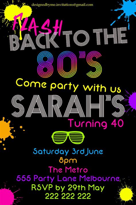 80s Neon Birthday Fancy Dress Party Invitation Diy Printing Jpeg