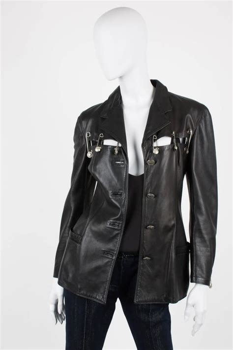 Gianni Versace 1994 Jacket Safety Pins Black Leather For Sale At