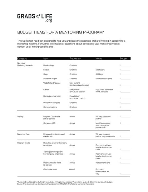Mentoring Program Budget Templates At