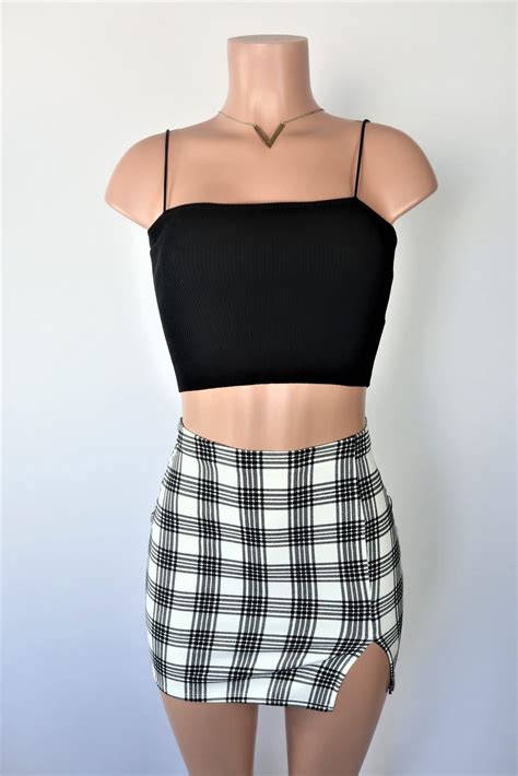1 buffalo plaid fabric by the yard in black, 1 inch black and white checks robert kaufman carolina gingham fabric, 100% cotton. Sofie Plaid Skirt - High waisted black white plaid mini ...
