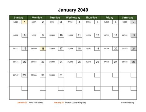 Monthly 2040 Calendar With Day Numbers