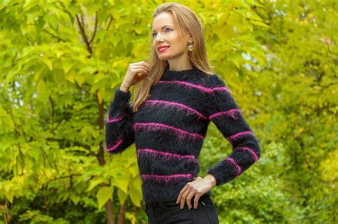 Black Pink Striped Sweater Hand Knit Mohair Jumper Fuzzy