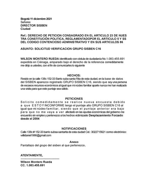 Derecho Peticion Sisben Bogotá 11 Diciembre 2021 Señores Director