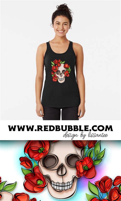 Minimalistic Continuous Line Skull With Poppies Racerback Tank Top By