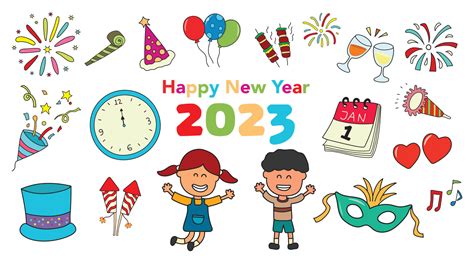 Kids Drawing Vector Illustration Set Of Happy New Year 2023 In A