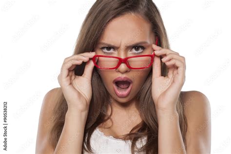 Surprised Beautiful Girl With Glasses Posing On White Foto De Stock Adobe Stock