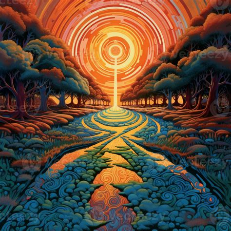 Painting Of A Sunset Scene With A Winding Path In The Middle