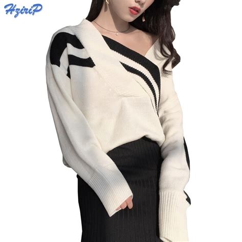 Hzirip 2018 Knitted Sweater Women Vintage Sexy Tops Patchwork V Neck Long Sleeve Loose Ladies