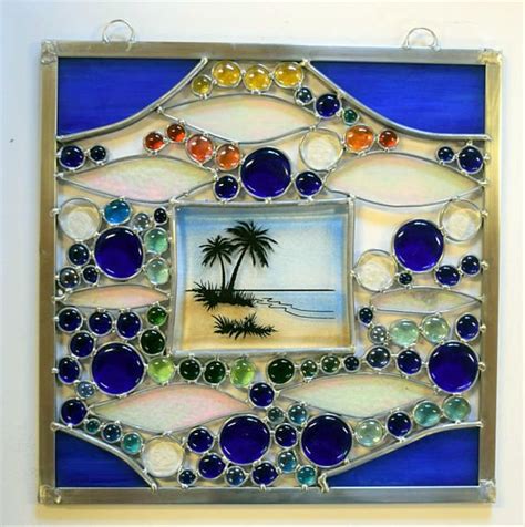 a beautiful stained glass panel with a fused glass beach scene etsy stained glass panel