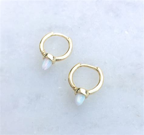 Minimalist Opal Hoops Gold Opal Hoops Opal Earrings Huggie Etsy