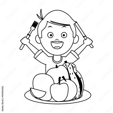Cute Boy Eating Fruits With Cutlery On Black And White Colors Vector