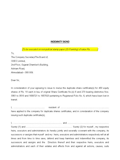 Indemnity Bond For Issuance Of Duplicate Share Certificate Indemnity