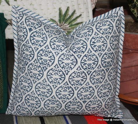 blue white and black and white cotton dvk handicraft hand block print cushion cover anokhi