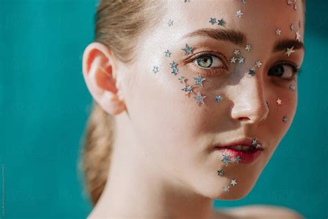 Closeup Portrait Of Pretty Girl With Silver Stars On Her Face By Liliya