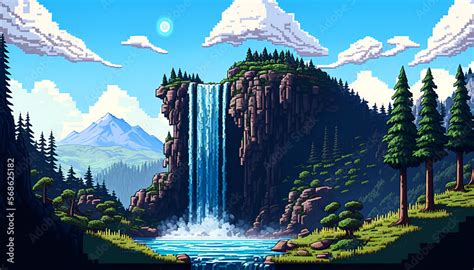 Beautiful Waterfall Landscape Pixel Art Style Generative Ai Stock